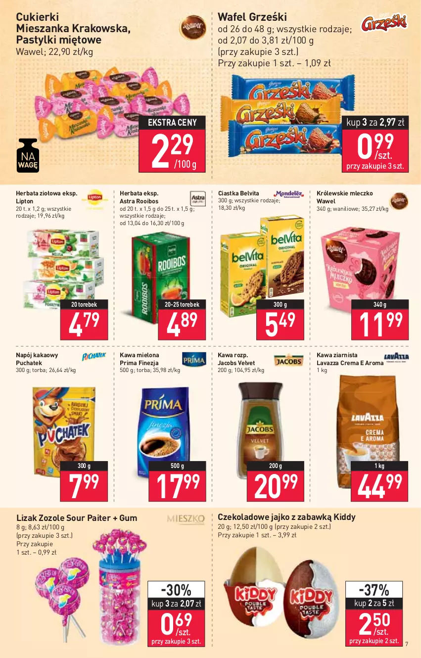 Gazetka promocyjna Stokrotka - Supermarket - ważna 25.08 do 31.08.2022 - strona 7 - produkty: BelVita, Ciastka, Cukier, Cukierki, Grześki, Herbata, Jacobs, Jacobs Velvet, Kakao, Kawa, Kawa mielona, Kawa ziarnista, Królewski, Królewskie Mleczko, Lavazza, Lipton, Mleczko, Napój, Pastylki, Prima, Torba, Velvet, Wawel