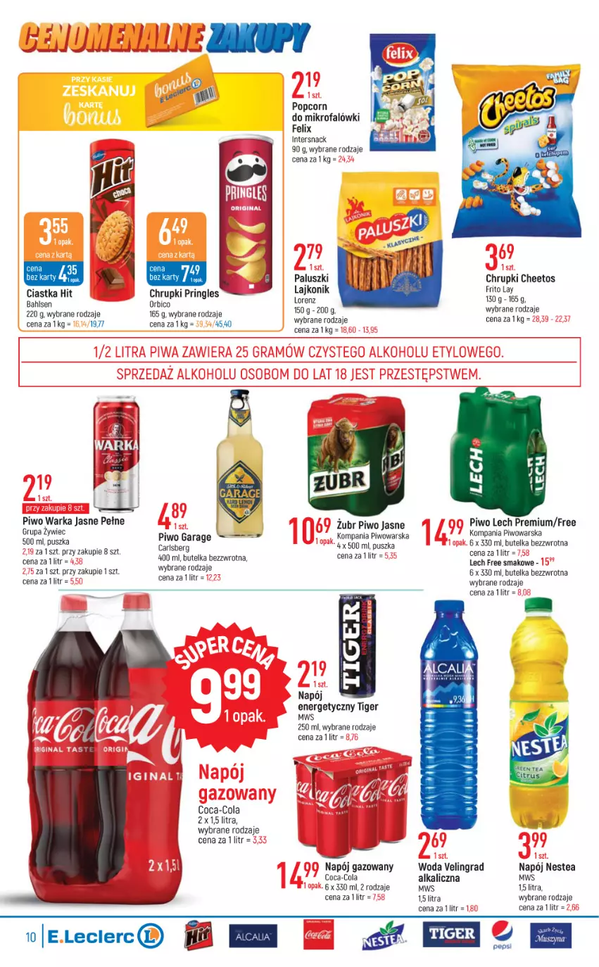 Gazetka promocyjna E Leclerc - ważna 09.08 do 20.08.2022 - strona 10 - produkty: BIC, Carlsberg, Cheetos, Chrupki, Ciastka, Coca-Cola, Fa, Felix, Gra, Lajkonik, Lech Premium, Lorenz, Napój, Napój energetyczny, Napój gazowany, Nestea, Piwo, Piwo jasne, Popcorn, Tiger, Warka, Woda