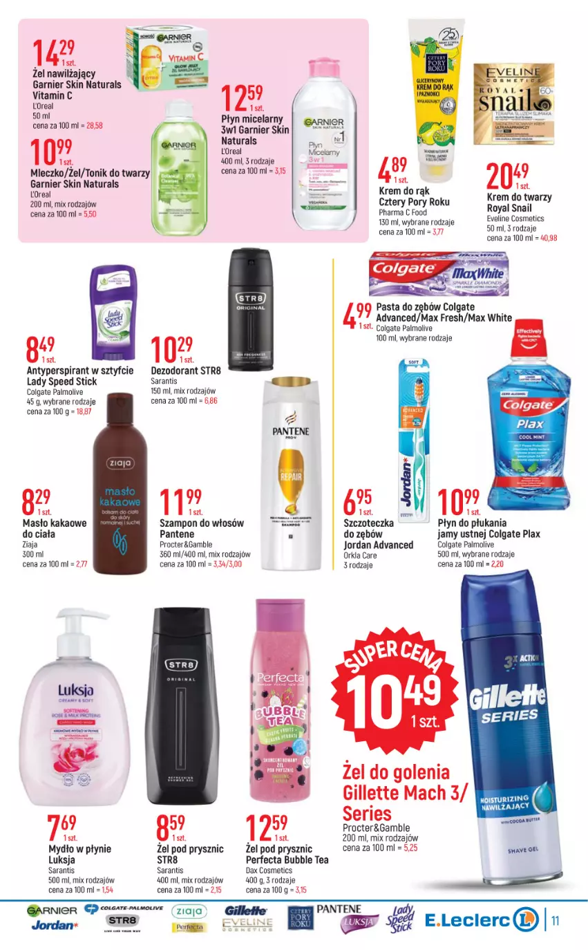 Gazetka promocyjna E Leclerc - ważna 09.08 do 20.08.2022 - strona 11 - produkty: Antyperspirant, Colgate, DAX, Dezodorant, Eveline, Garnier, Gillette, Kakao, Krem do rąk, Lady Speed Stick, LG, Luksja, Masło, Mleczko, Mydło, Mydło w płynie, Palmolive, Pantene, Pasta do zębów, Perfecta, Płyn do płukania, Por, Ser, Str8, Szampon, Szczoteczka, Tonik, Tonik do twarzy, Ziaja