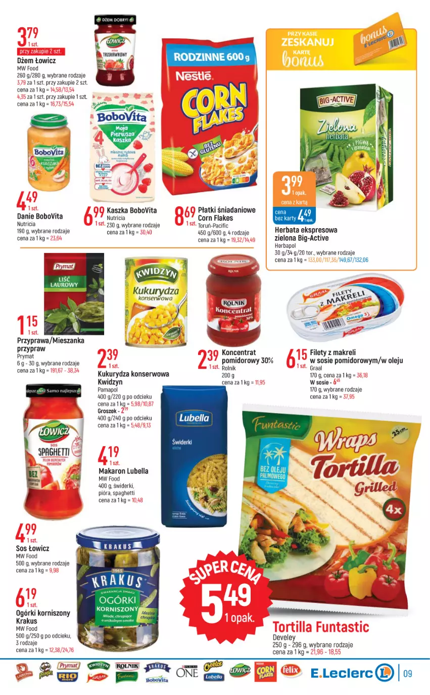 Gazetka promocyjna E Leclerc - ważna 09.08 do 20.08.2022 - strona 9 - produkty: Bell, Bella, BoboVita, Cif, Corn flakes, Danio, Dżem, Gra, Graal, Groszek, Herbapol, Herbata, Korniszony, Krakus, Kukurydza, Kukurydza konserwowa, Laur, Lubella, Makaron, Olej, Prymat, Rolnik, Ser, Sos, Spaghetti