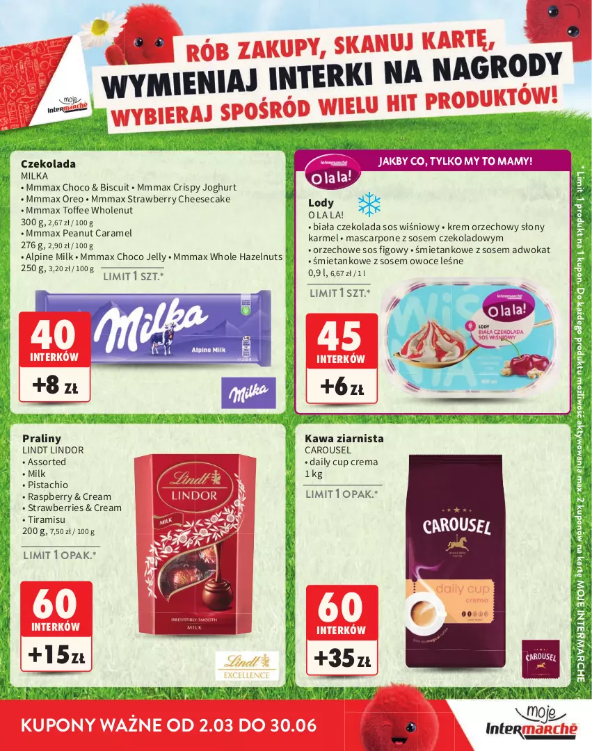 Gazetka promocyjna Intermarche - Gazetka Intermarche - ważna 02.03 do 30.06.2026 - strona 25 - produkty: Czekolada, Kawa, Kawa ziarnista, Krem orzechowy, Lindor, Lindt, Lody, Mascarpone, Milka, Oreo, Owoce, Praliny, Sos