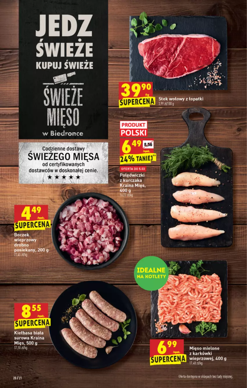 Gazetka promocyjna Biedronka - W tym tygodniu - ważna 03.03 do 09.03.2022 - strona 20 - produkty: Kiełbasa, Kiełbasa biała, Kurczak, Mięso, Mięso mielone, Polędwiczki z kurczaka, Stek, Stek wołowy