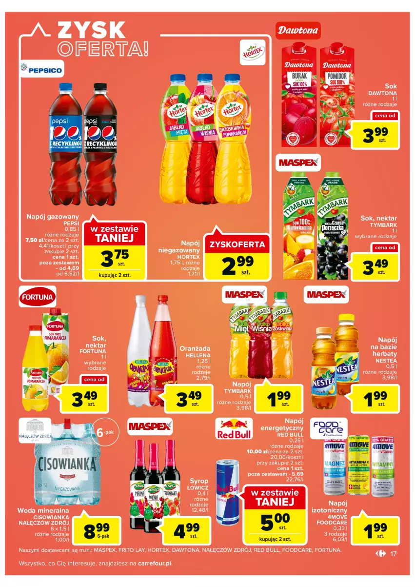 Gazetka promocyjna Carrefour - Gazetka Carrefour ZyskOferty - ważna 16.05 do 21.05.2022 - strona 17 - produkty: Cisowianka, Dawtona, Fortuna, Hellena, Hortex, Kosz, Napój, Napój gazowany, Nektar, Red Bull, Sok, Woda, Woda mineralna