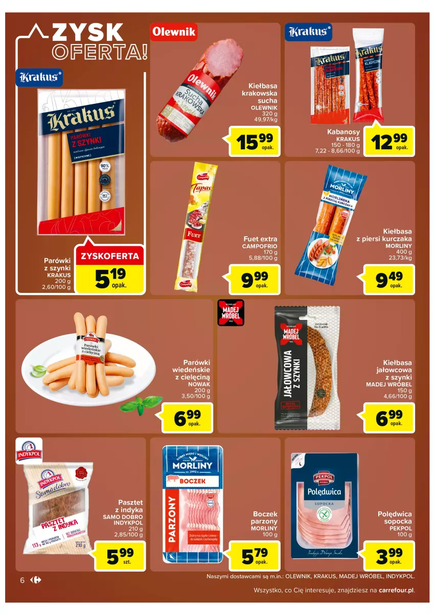 Gazetka promocyjna Carrefour - Gazetka Carrefour ZyskOferty - ważna 16.05 do 21.05.2022 - strona 6 - produkty: Boczek, Kabanos, Kiełbasa, Kiełbasa krakowska, Kiełbasa z piersi kurczaka, Krakus, Kurczak, Madej Wróbel, Morliny, NOWAK, Olewnik, Parówki, Parówki z szynki, Pasztet, Pekpol, Polędwica