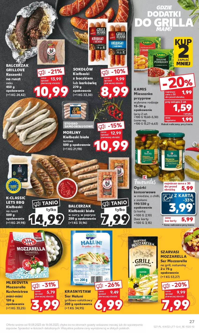 Gazetka promocyjna Kaufland - Gazetka tygodnia - ważna 10.08 do 16.08.2023 - strona 27 - produkty: Grill, Kamis, Kasza, Kiełbaski białe, Mleko, Mlekovita, Morliny, Mozzarella, Ogórki konserwowe, Sałat, Ser, Sok, Sokołów