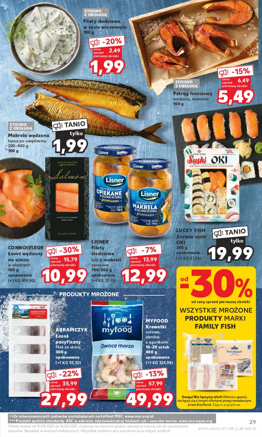 Gazetka promocyjna Kaufland - Gazetka tygodnia - ważna 10.08 do 16.08.2023 - strona 29 - produkty: Fa, Krewetki, Lisner, Produkty mrożone, Pstrąg, Pstrąg łososiowy, Sos, Sushi, Tusz, Waga