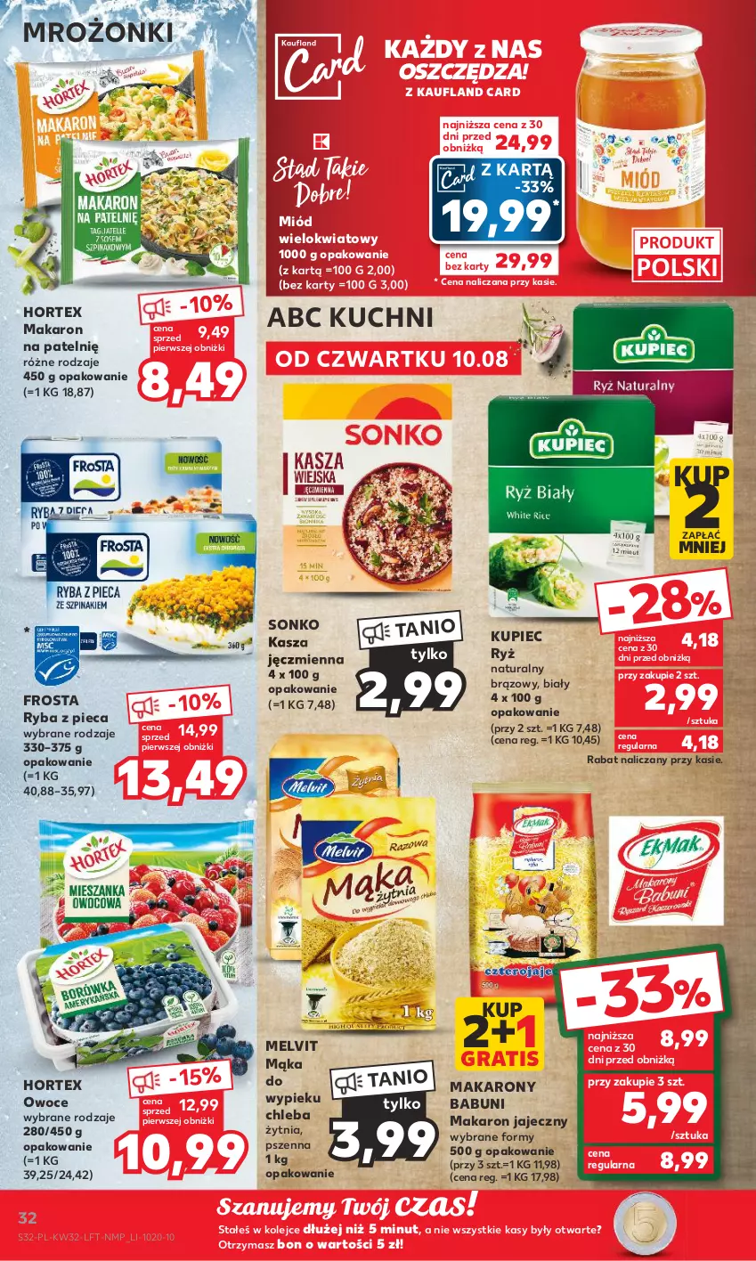 Gazetka promocyjna Kaufland - Gazetka tygodnia - ważna 10.08 do 16.08.2023 - strona 32 - produkty: Babuni, Chleb, Frosta, Gra, Hortex, Kasza, Kasza jęczmienna, Kupiec, Mąka, Makaron, Melvit, Miód, Olej, Owoce, Piec, Ryba, Ryż, Sonko