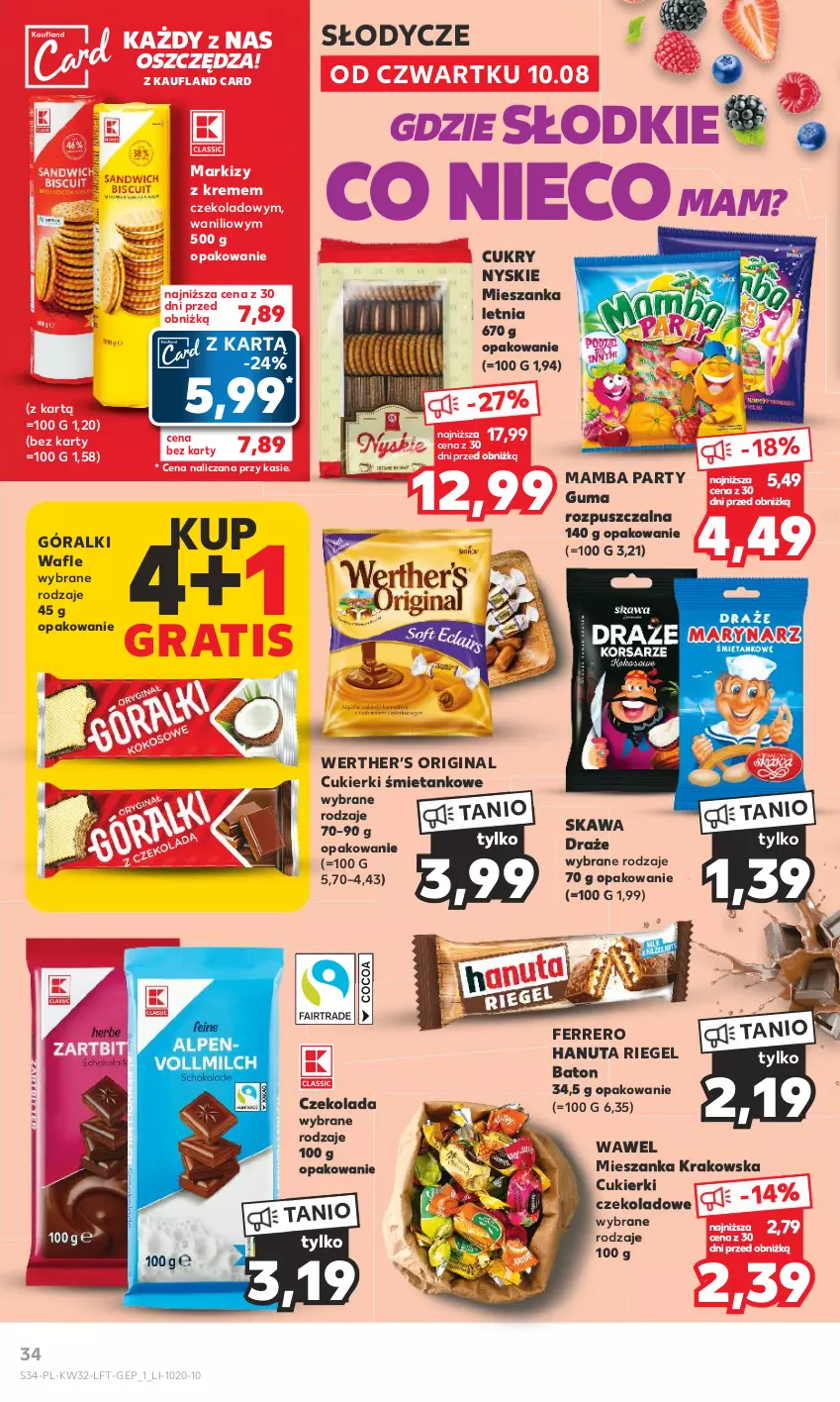 Gazetka promocyjna Kaufland - Gazetka tygodnia - ważna 10.08 do 16.08.2023 - strona 34 - produkty: Baton, Cukier, Cukierki, Czekolada, Ferrero, Gin, Góralki, Gra, Guma rozpuszczalna, Kawa, Mamba, Wafle, Wawel