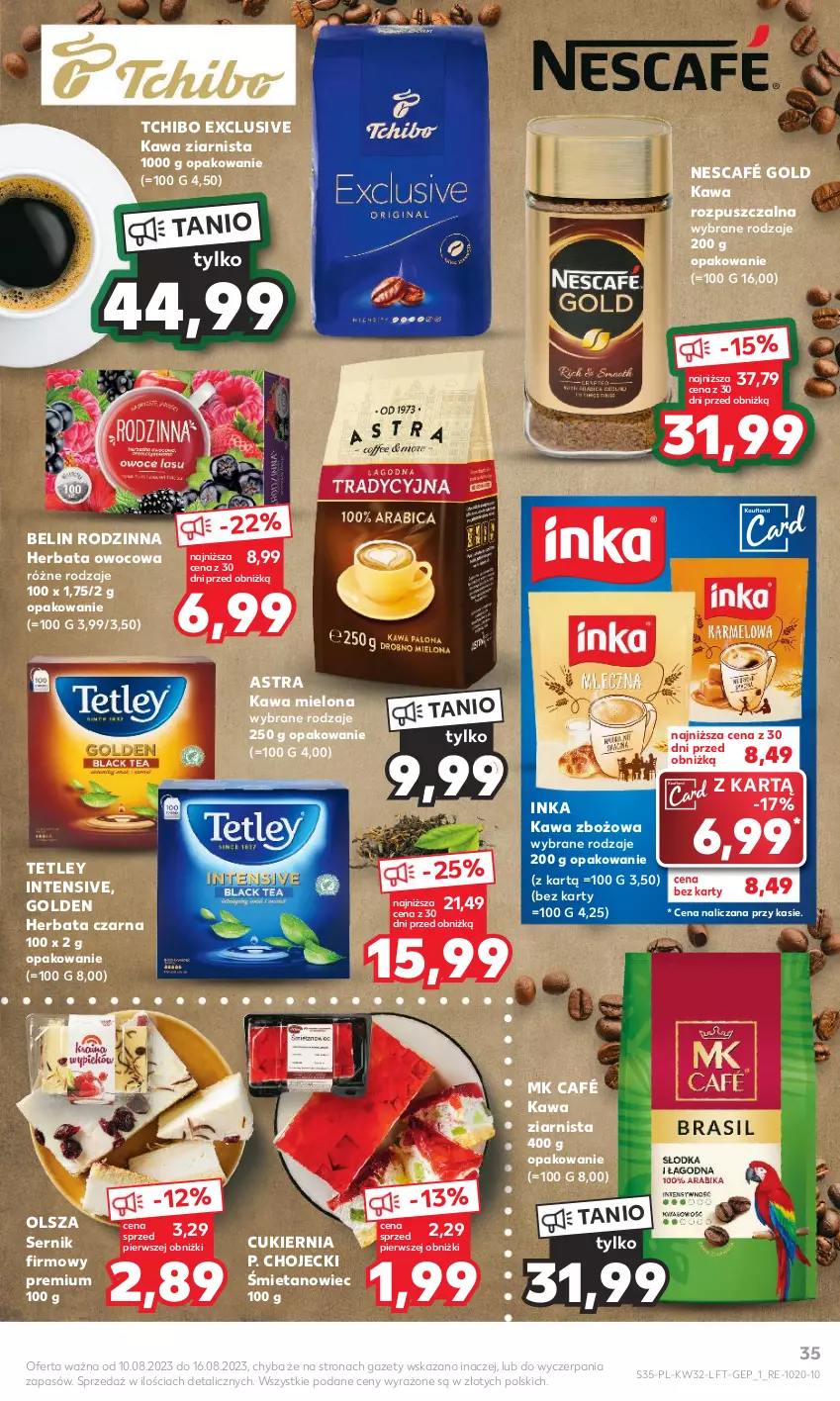 Gazetka promocyjna Kaufland - Gazetka tygodnia - ważna 10.08 do 16.08.2023 - strona 35 - produkty: Cukier, Herbata, Herbata czarna, Herbata owocowa, Inka, Kawa, Kawa mielona, Kawa rozpuszczalna, Kawa zbożowa, Kawa ziarnista, Nescafé, Ser, Tchibo, Tetley