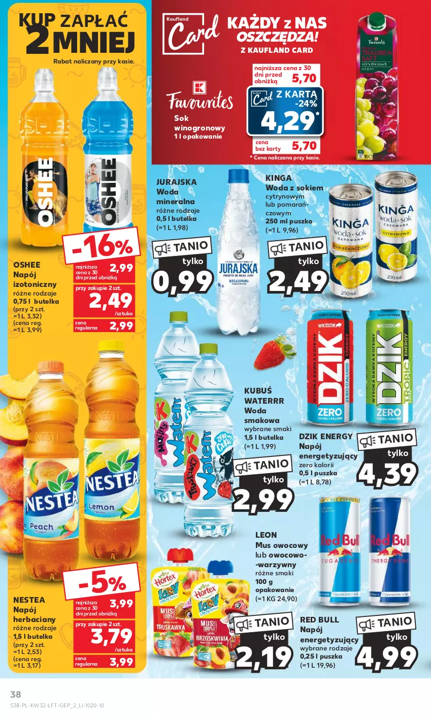 Gazetka promocyjna Kaufland - Gazetka tygodnia - ważna 10.08 do 16.08.2023 - strona 38 - produkty: Kubuś, Kubuś Waterrr, Leon, Mus, Napój, Napój izotoniczny, Nestea, Oshee, Red Bull, Sok, Wino, Woda, Woda mineralna