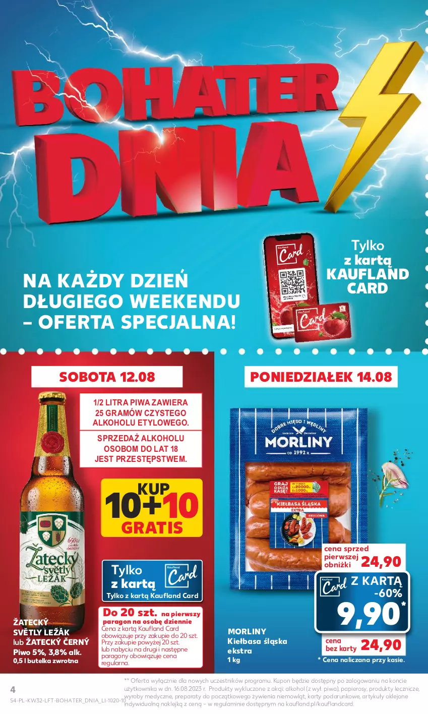 Gazetka promocyjna Kaufland - Gazetka tygodnia - ważna 10.08 do 16.08.2023 - strona 4 - produkty: Gra, Kiełbasa, Kiełbasa śląska, Klej, Morliny, Papier, Piwa, Piwo, Znicz