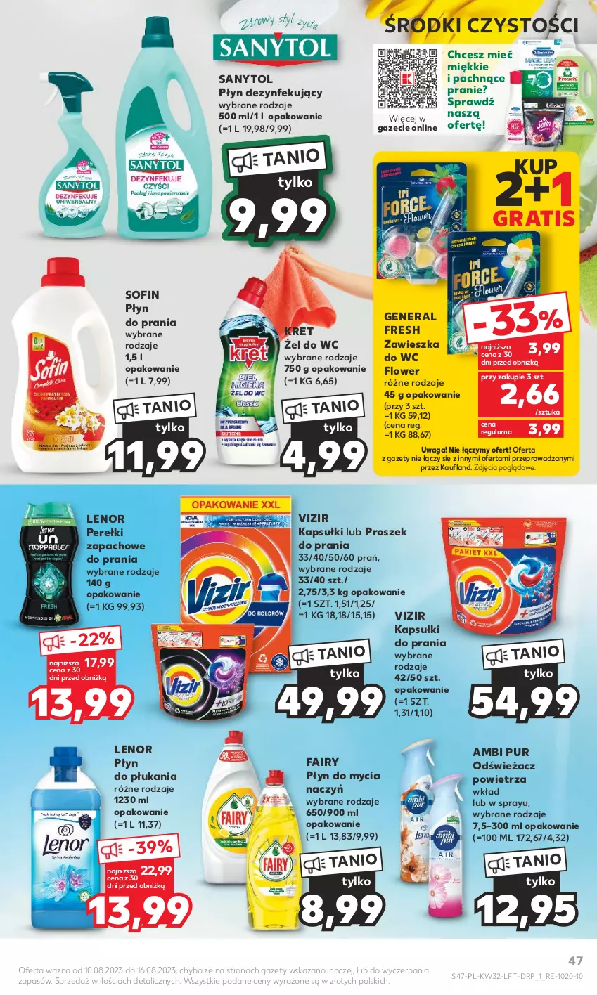 Gazetka promocyjna Kaufland - Gazetka tygodnia - ważna 10.08 do 16.08.2023 - strona 47 - produkty: Ambi Pur, Do mycia naczyń, Fa, Fairy, Gra, Kapsułki do prania, Kret, Lenor, Odświeżacz powietrza, Perełki zapachowe, Płyn do mycia, Płyn do mycia naczyń, Płyn do płukania, Płyn do prania, Proszek do prania, Pur, Sanytol, Vizir, Waga, Zawieszka do wc