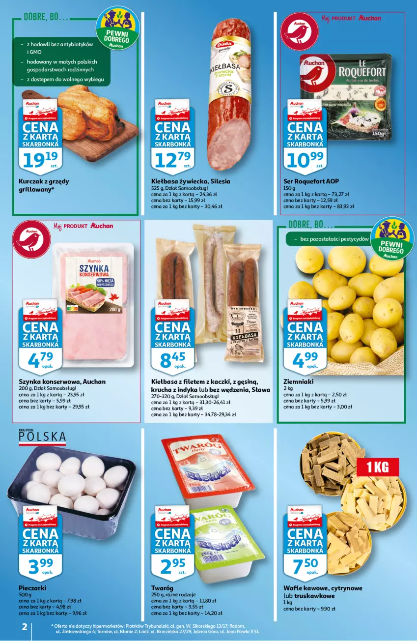 Gazetka promocyjna Auchan - Skarbonka #40 - ważna 07.10 do 13.10.2021 - strona 2 - produkty: Grill, Kiełbasa, Kurczak, Piec, Roquefort, Ser, Szynka, Szynka konserwowa, Twaróg, Wafle, Ziemniaki