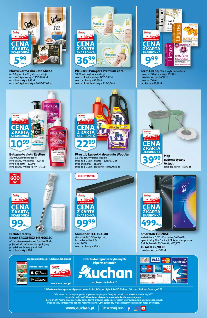 Gazetka promocyjna Auchan - Skarbonka #40 - ważna 07.10 do 13.10.2021 - strona 4 - produkty: Balsam do ciała, Bateria, Blender, Blender ręczny, Bosch, Bursztyn, Eveline, Gra, Kapsułki do prania, Lirene, Mars, Mokra karma, Mop, Pampers, Pojemnik, Sheba, Smartfon, Sos, Soundbar, Woolite