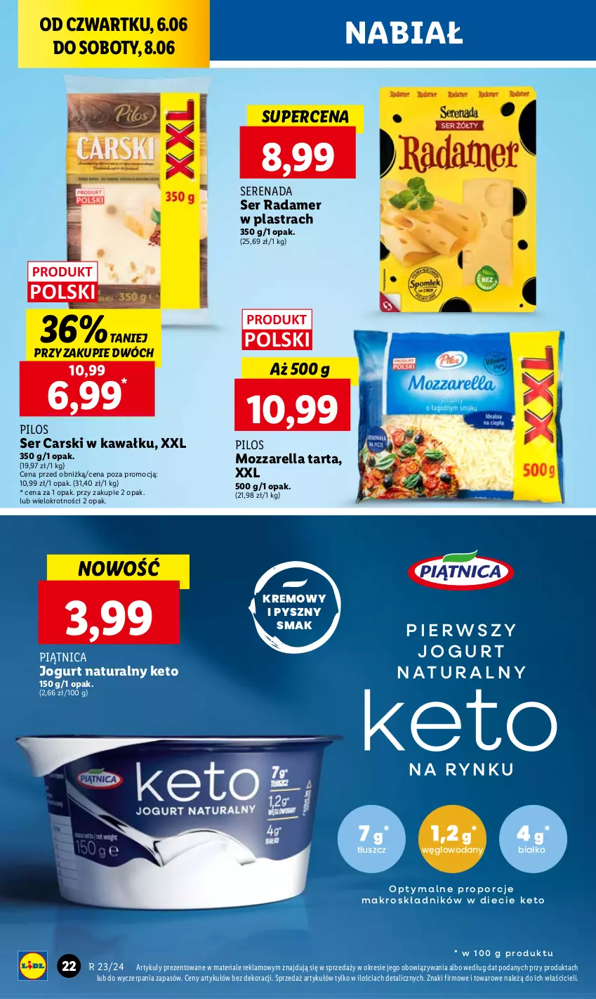 Gazetka promocyjna Lidl - GAZETKA - ważna 06.06 do 08.06.2024 - strona 30 - produkty: Cars, Jogurt, Jogurt naturalny, Kawa, Mozzarella, Piątnica, Pilos, Por, Radamer, Ser, Tarta, Woda