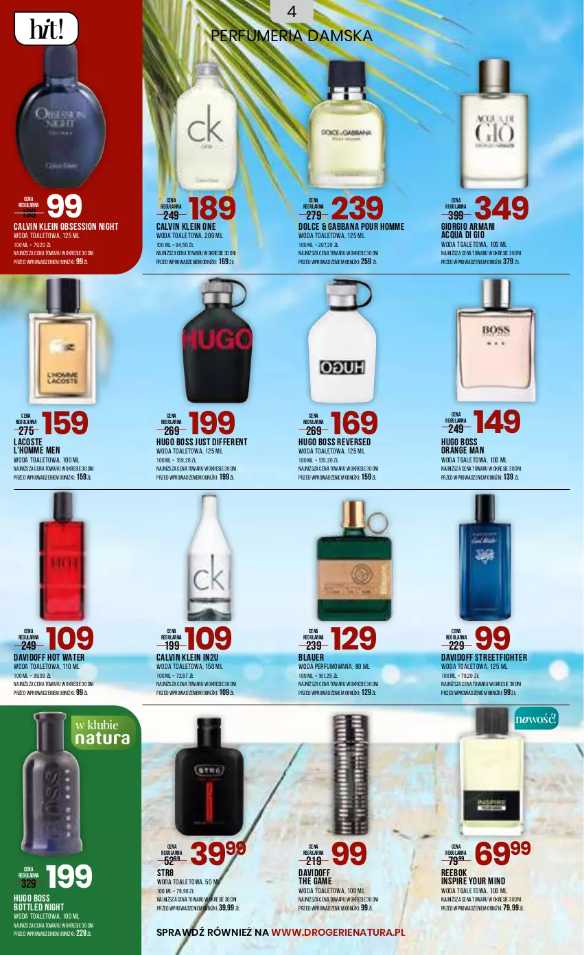 Gazetka promocyjna Drogerie Natura - Gazetka Drogerie Natura - ważna 11.07 do 24.07.2023 - strona 4 - produkty: Calvin Klein, Davidoff, Giorgio Armani, Hugo Boss, Lacoste, Perfum, SESSIO, Str8, Woda, Woda perfumowana, Woda toaletowa