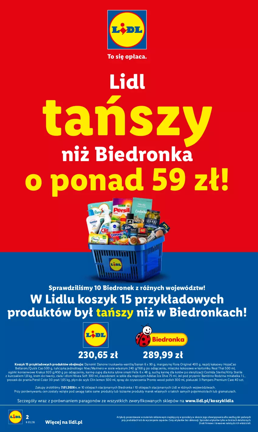 Gazetka promocyjna Lidl - GAZETKA - ważna 15.01 do 17.01.2026 - strona 2 - produkty: Adidas, Bell, Bella, Clin, Danone, Danonki, Dezodorant, Dron, Felix, Flora, Gin, Gra, Kakao, Kokos, Kosz, Krakus, Krem do twarzy, Kurczak, Mleczko, Napój, Nivea, Ogórki konserwowe, Pampers, Persil, Płyn do szyb, Por, Pronto, Proszek do prania, Rama, Ser, Sos, Spray do czyszczenia, Tonik, Tuńczyk