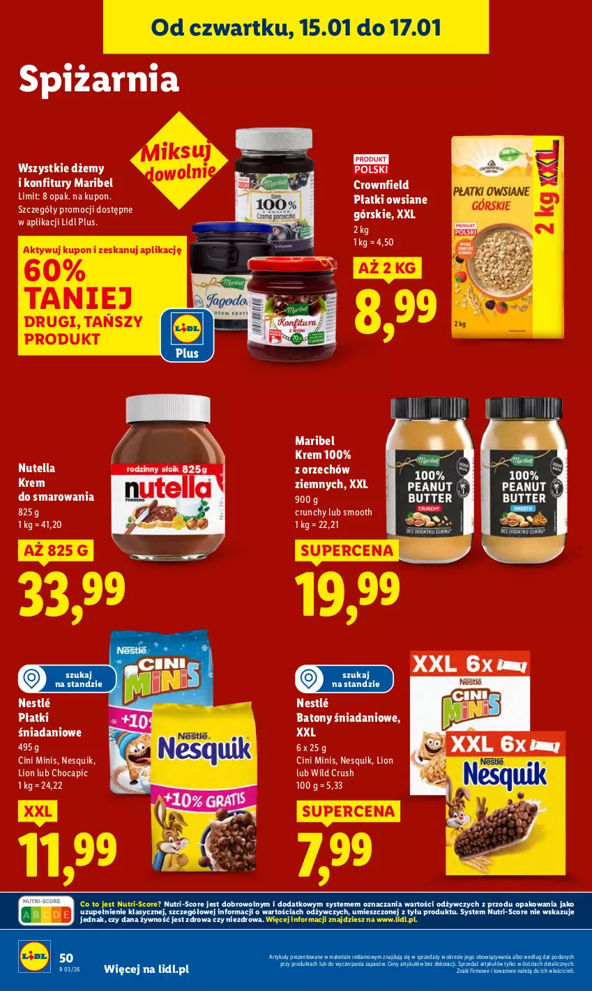 Gazetka promocyjna Lidl - GAZETKA - ważna 15.01 do 17.01.2026 - strona 50 - produkty: Baton, Cini Minis, Danio, Dżem, Lion, Nesquik, Nestlé, Nutella, Płatki owsiane