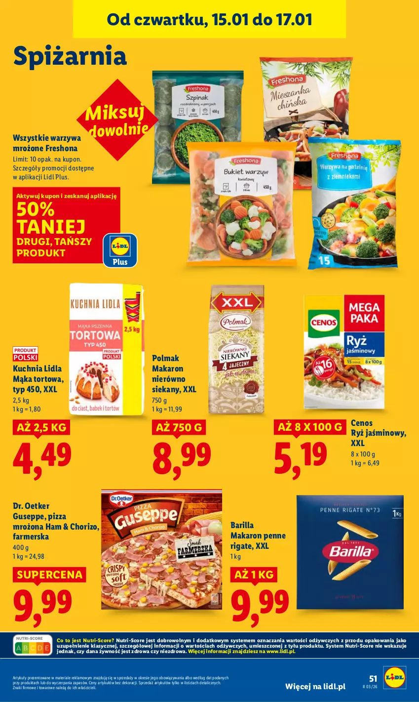 Gazetka promocyjna Lidl - GAZETKA - ważna 15.01 do 17.01.2026 - strona 51 - produkty: Barilla, Cenos, Dr. Oetker, Fa, Kuchnia, Mąka, Mąka tortowa, Makaron, Olma, Penne, Pizza, Ryż, Warzywa