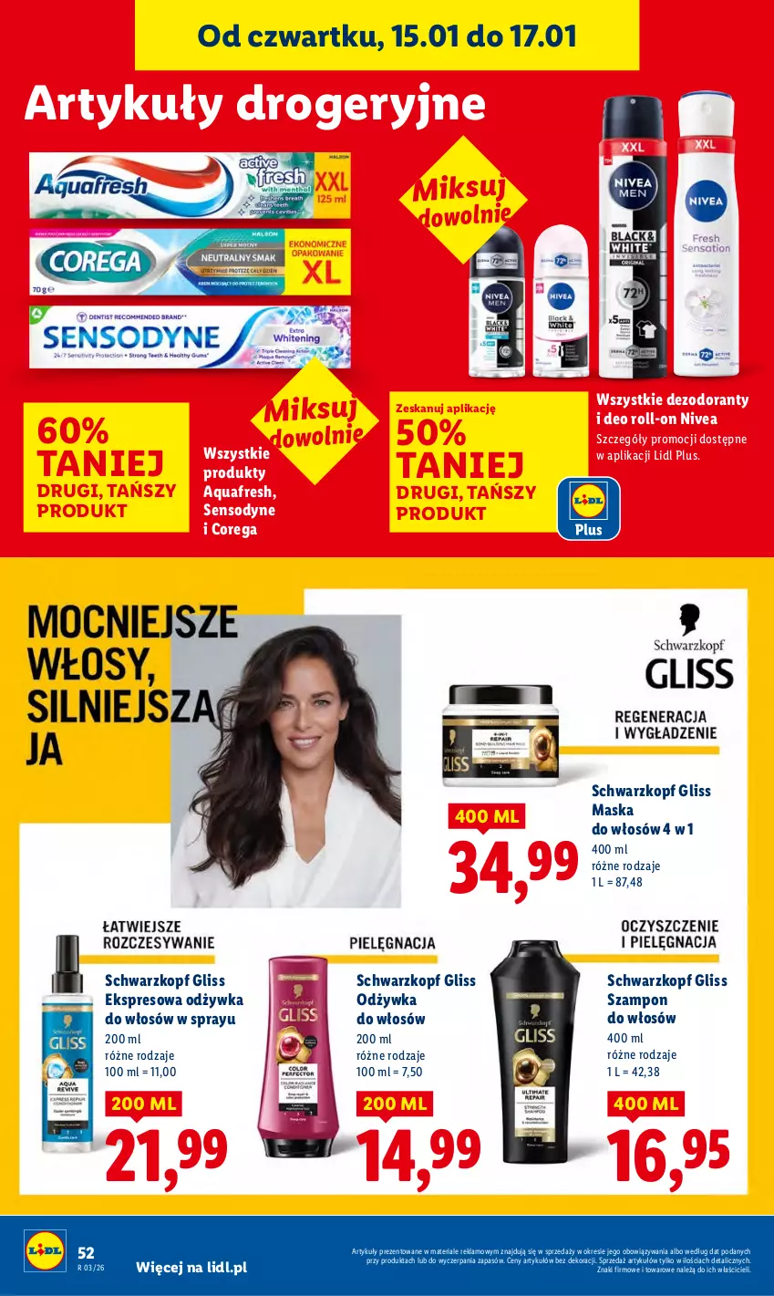 Gazetka promocyjna Lidl - GAZETKA - ważna 15.01 do 17.01.2026 - strona 52 - produkty: Aquafresh, Corega, Dezodorant, Maska, Maska do włosów, Nivea, Odżywka, Schwarzkopf, Sensodyne, Szampon