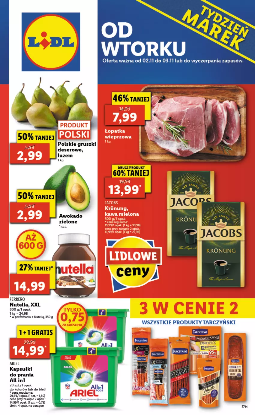 Gazetka promocyjna Lidl - GAZETKA - ważna 02.11 do 03.11.2021 - strona 1 - produkty: Ariel, Deser, Fa, Ferrero, Gra, Gruszki, Kapsułki do prania, Nutella, Parówki, Parówki z szynki, Por, Ser, Tarczyński