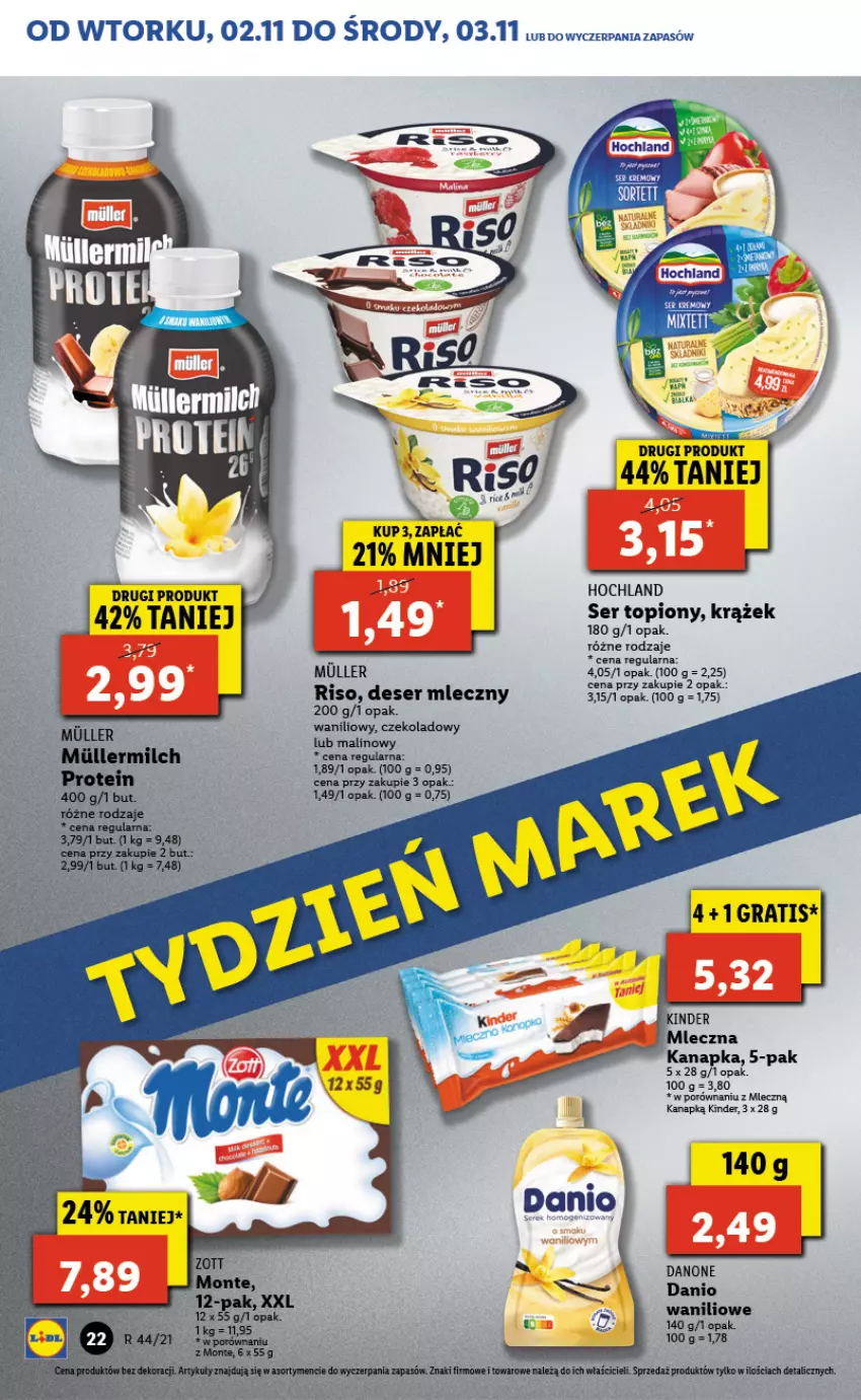 Gazetka promocyjna Lidl - GAZETKA - ważna 02.11 do 03.11.2021 - strona 22 - produkty: Danio, Danone, Deser, Deser mleczny, Hochland, Kinder, Por, Ser, Ser topiony, Top