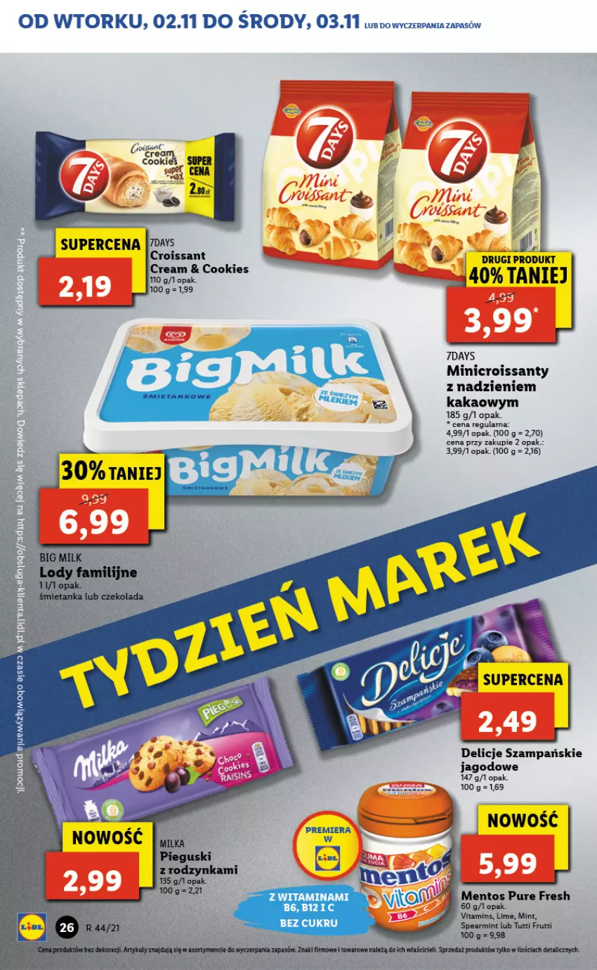 Gazetka promocyjna Lidl - GAZETKA - ważna 02.11 do 03.11.2021 - strona 26 - produkty: Croissant, Czekolada, Delicje, Fa, Kakao, Lody, Mentos, Milka, Pur