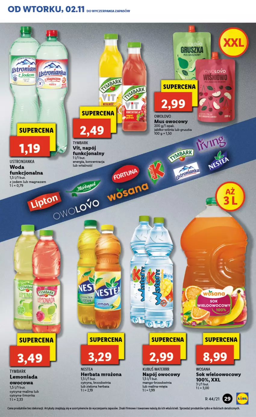 Gazetka promocyjna Lidl - GAZETKA - ważna 02.11 do 03.11.2021 - strona 29 - produkty: Herbata, Kubuś, Kubuś Waterrr, Lemoniada, Limonka, Magnez, Mięta, Mus, Napój, Nestea, Sok, Tymbark, Woda, Wosana