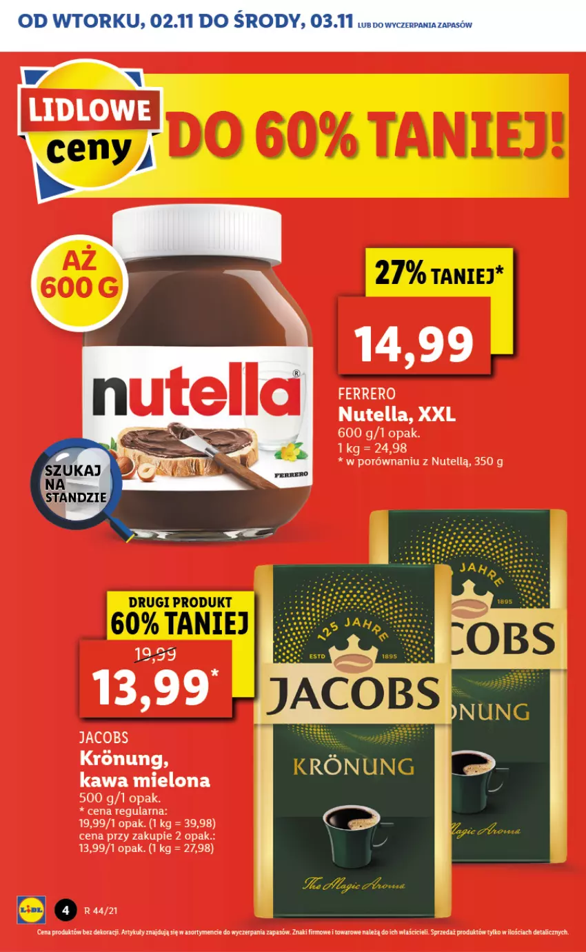 Gazetka promocyjna Lidl - GAZETKA - ważna 02.11 do 03.11.2021 - strona 4 - produkty: Fa, Ferrero, Jacobs, Kawa, Kawa mielona, Nutella, Por, Ser