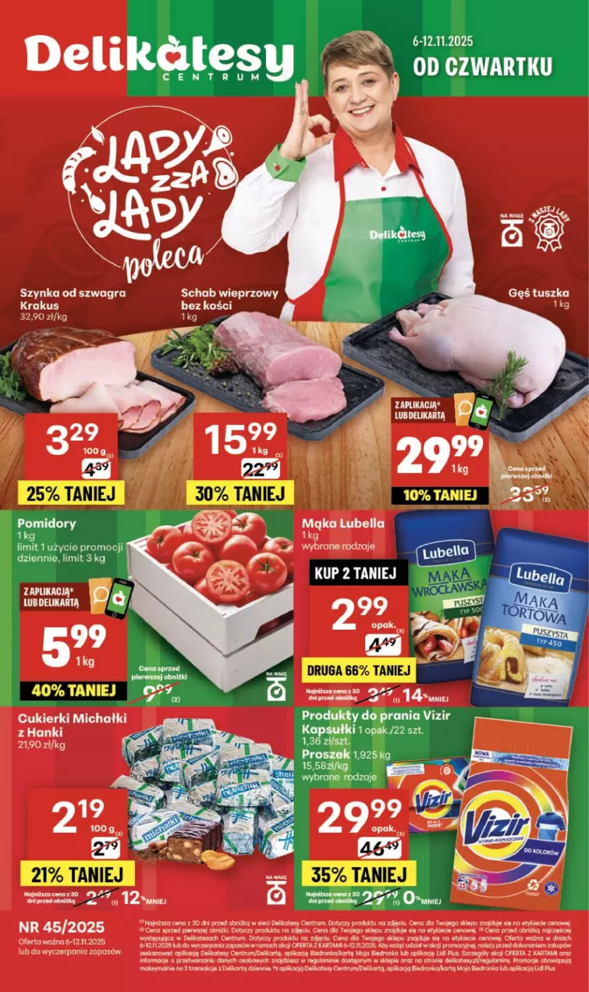 Gazetka promocyjna Delikatesy Centrum - Franczyza DC45 Czwartek - ważna 06.11 do 12.11.2025 - strona 1 - produkty: Cukier, Cukierki, Dron, Gra, Koc, Krakus, Michałki, Rama, Rum, Szynka, Tran, Tusz, Vizir