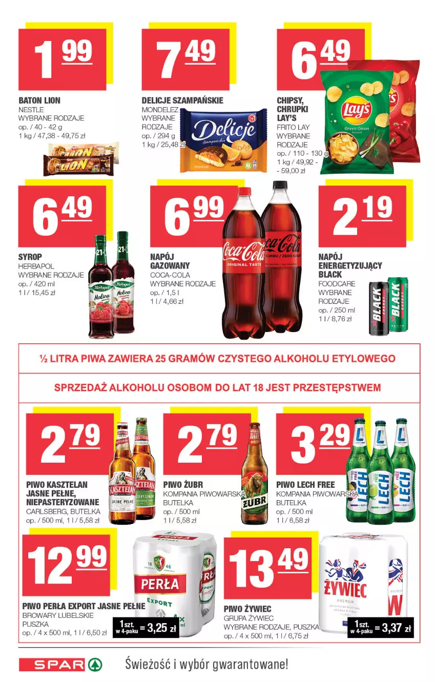 Gazetka promocyjna Spar - Spar - ważna 12.01 do 22.01.2025 - strona 6 - produkty: Baton, Carlsberg, Chipsy, Chrupki, Coca-Cola, Delicje, Fa, Herbapol, Kasztelan, Lack, Lion, Napój, Perła, Piwo, Por, Syrop