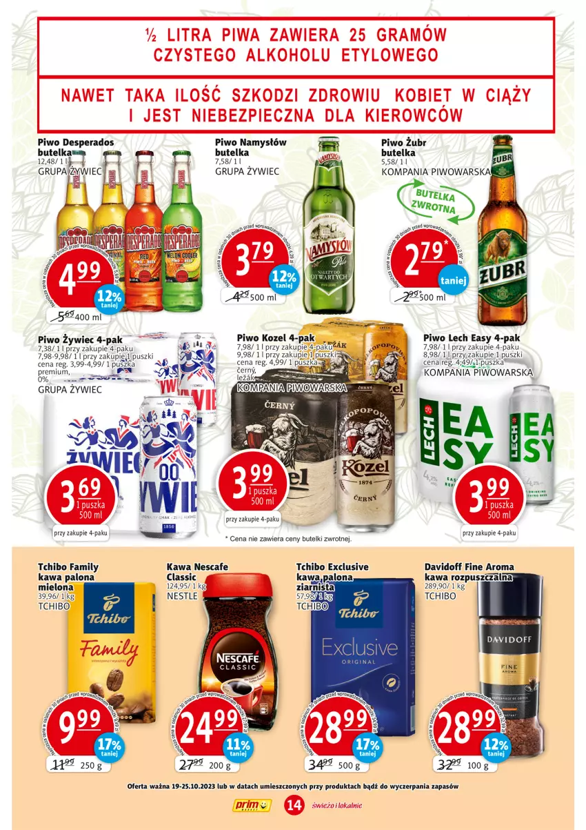 Gazetka promocyjna Prim Market - ważna 19.10 do 25.10.2023 - strona 14 - produkty: Davidoff, Desperados, Fa, Gra, Kawa, Kawa rozpuszczalna, Kozel, Namysłów, Piec, Piwa, Piwo, Tchibo, Tchibo Family