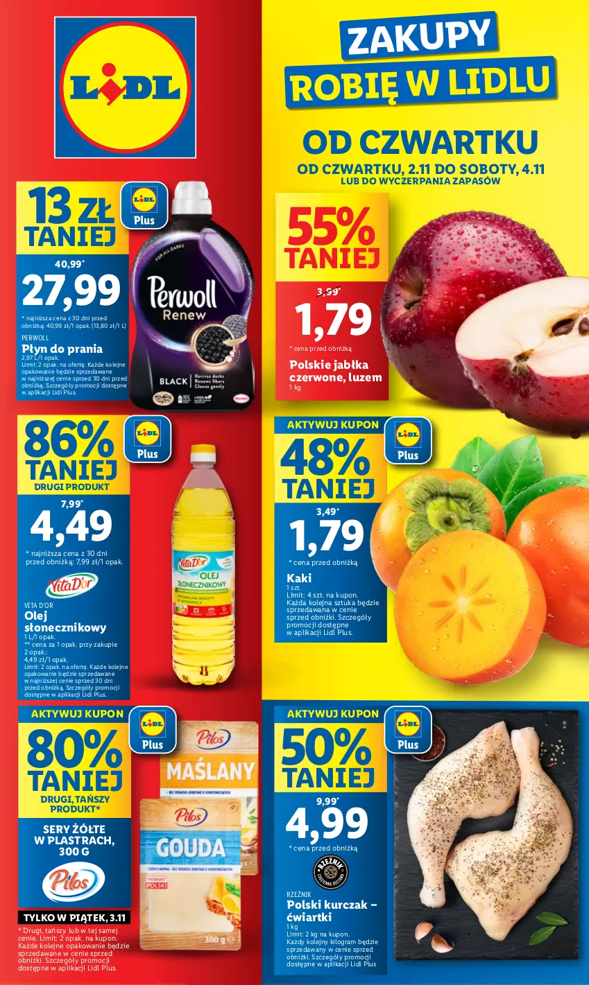 Gazetka promocyjna Lidl - GAZETKA - ważna 02.11 do 04.11.2023 - strona 1 - produkty: Gra, Jabłka, Kaki, Kurczak, Olej, Olej słonecznikowy, Perwoll, Płyn do prania, Ser