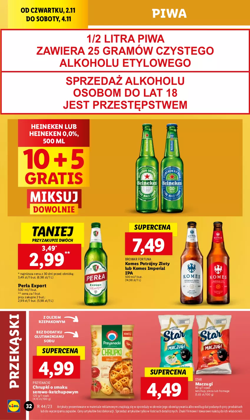 Gazetka promocyjna Lidl - GAZETKA - ważna 02.11 do 04.11.2023 - strona 46 - produkty: Chrupki, Fortuna, Gra, Heineken, Ketchup, Olej, Perła, Piwa, Pizza, Por, Przysnacki, Ser