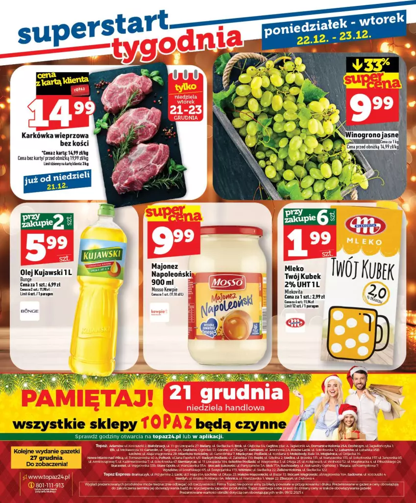 Gazetka promocyjna Topaz - Gazetka - ważna 18.12 do 23.12.2025 - strona 32 - produkty: Fa, Karkówka wieprzowa, Kubek, Kujawski, Majonez, Mleko, Mlekovita, Oleo