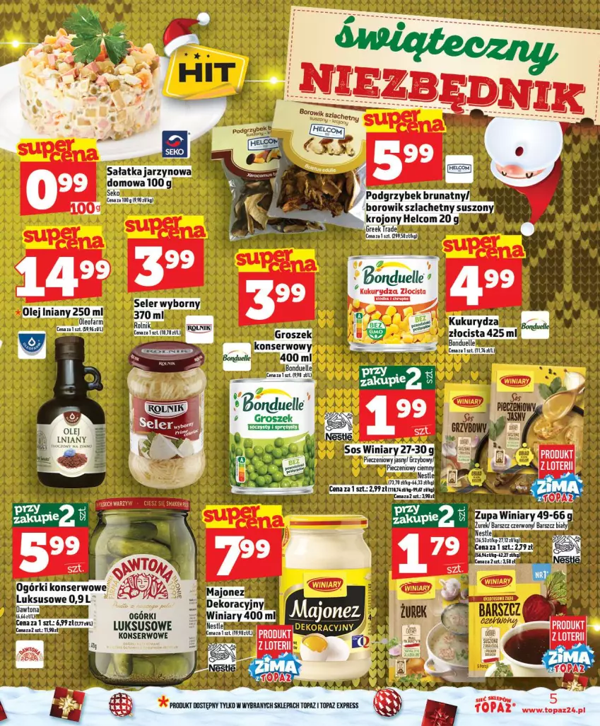 Gazetka promocyjna Topaz - Gazetka - ważna 18.12 do 23.12.2025 - strona 5 - produkty: Bonduelle, Fa, Groszek, Kukurydza, Ogórki konserwowe, Oleo, Ser, Top