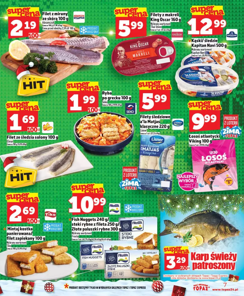 Gazetka promocyjna Topaz - Gazetka - ważna 18.12 do 23.12.2025 - strona 7 - produkty: EPEE, Frosta, Karp, Matjas, Mintaj, Ryba, Ryba po grecku, SEKO, Sól, Stek, Top