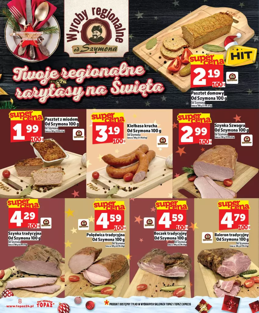 Gazetka promocyjna Topaz - Gazetka - ważna 18.12 do 23.12.2025 - strona 8 - produkty: Boczek, Kiełbasa, Kiełbasa krucha, Pasztet, Szynka