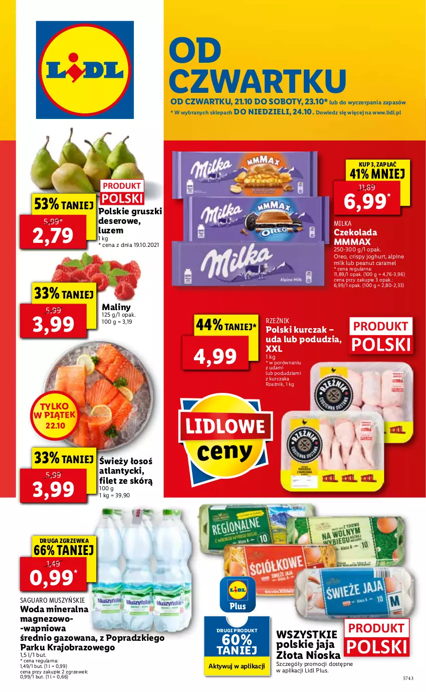 Gazetka promocyjna Lidl - GAZETKA - ważna 21.10 do 24.10.2021 - strona 1 - produkty: Czekolada, Deser, Gruszki, Jaja, Kurczak, Magnez, Maliny, Milka, Mus, Obraz, Oreo, Por, Ser, Woda, Woda mineralna