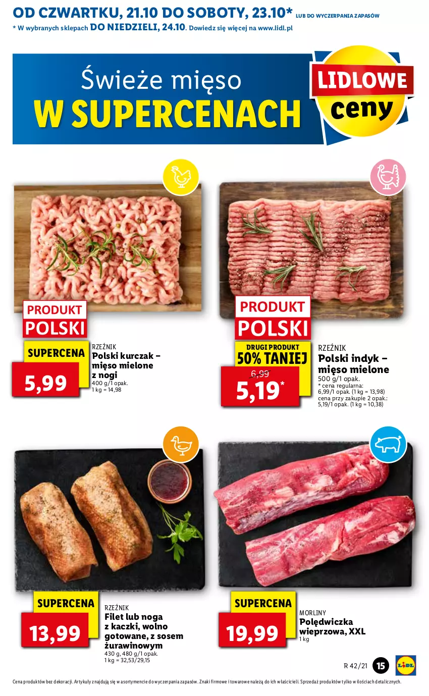 Gazetka promocyjna Lidl - GAZETKA - ważna 21.10 do 24.10.2021 - strona 15 - produkty: Kurczak, Mięso, Mięso mielone, Morliny, Noga z kaczki, Polędwiczka wieprzowa, Sos, Wino