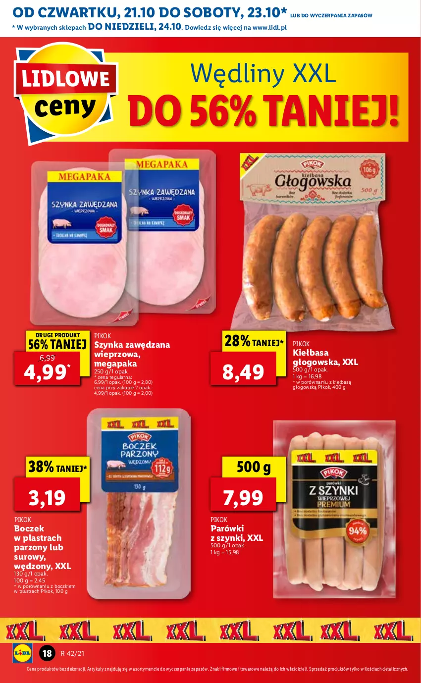 Gazetka promocyjna Lidl - GAZETKA - ważna 21.10 do 24.10.2021 - strona 18 - produkty: Boczek, Kiełbasa, Kiełbasa głogowska, Parówki, Parówki z szynki, PIKOK, Por, Szynka