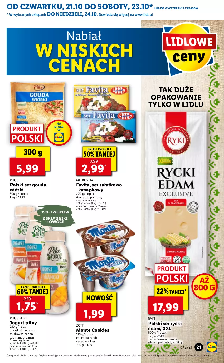 Gazetka promocyjna Lidl - GAZETKA - ważna 21.10 do 24.10.2021 - strona 21 - produkty: Edam, Fa, Favita, Gouda, Jogurt, Jogurt pitny, Mango, Mleko, Mlekovita, Monte, Owoce, Pilos, Por, Pur, Rycki Edam, Sałat, Ser, Ser sałatkowo-kanapkowy, Zott