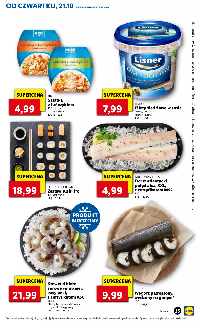 Gazetka promocyjna Lidl - GAZETKA - ważna 21.10 do 24.10.2021 - strona 25 - produkty: Dorsz, Krewetki, Lazur, Lisner, Polędwica, Sałat, Sałatka, Sos, Sushi, Tuńczyk