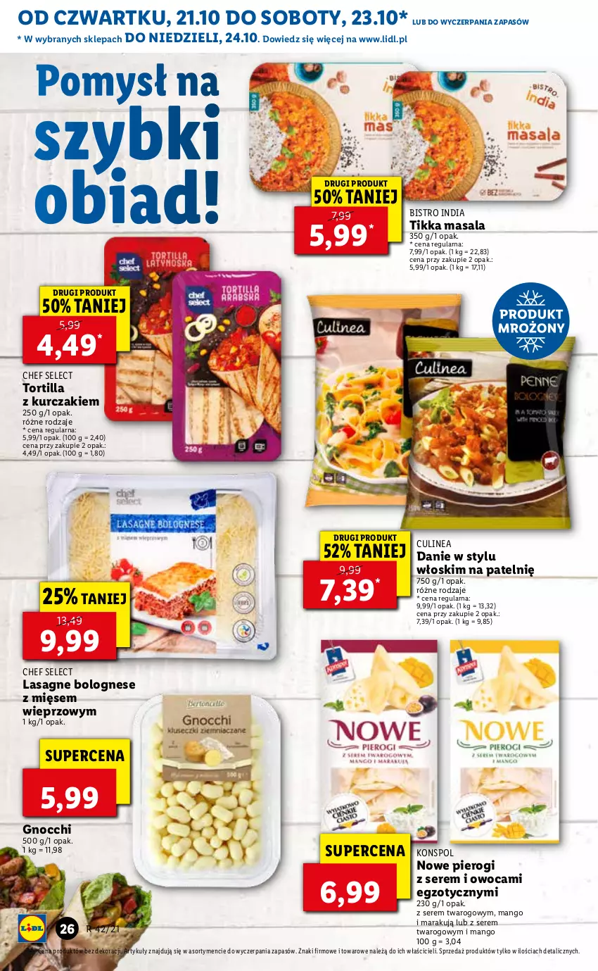 Gazetka promocyjna Lidl - GAZETKA - ważna 21.10 do 24.10.2021 - strona 26 - produkty: Gnocchi, Kurczak, Lasagne, Lasagne bolognese, Mango, Pierogi, Ser, Tortilla