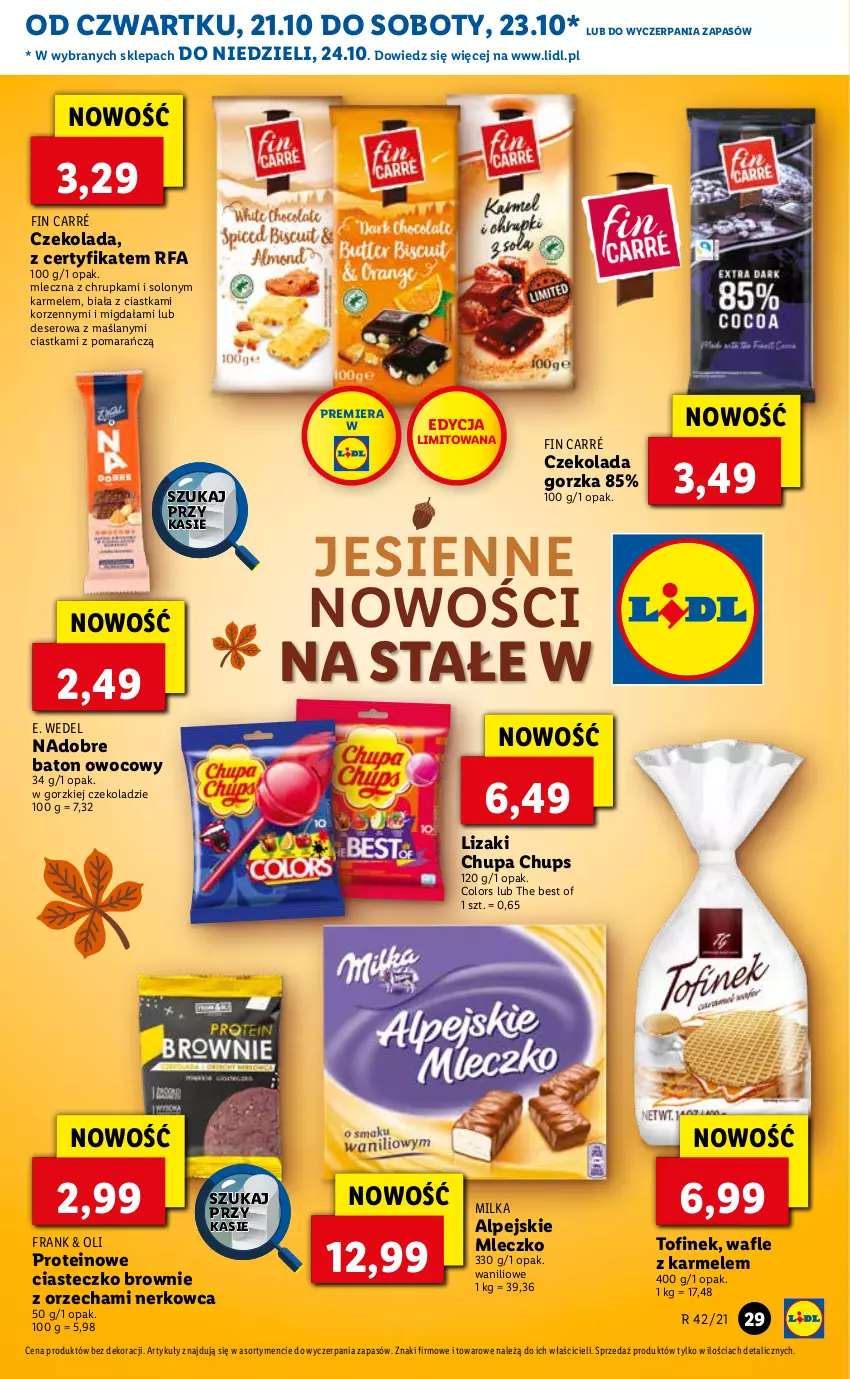 Gazetka promocyjna Lidl - GAZETKA - ważna 21.10 do 24.10.2021 - strona 29 - produkty: Baton, Brownie, Chupa Chups, Ciastka, Czekolada, Czekolada gorzka, Deser, E. Wedel, Fa, Lizaki, Milka, Mleczko, Ser