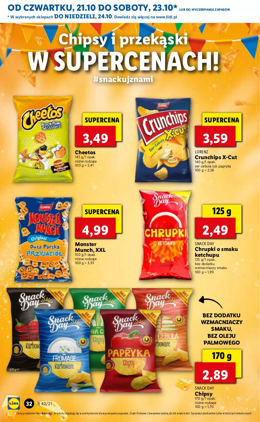 Gazetka promocyjna Lidl - GAZETKA - ważna 21.10 do 24.10.2021 - strona 32 - produkty: Cebula, Cheetos, Chipsy, Chrupki, Crunchips, Ketchup, Lorenz, Monster Munch, Olej, Papryka, Ser