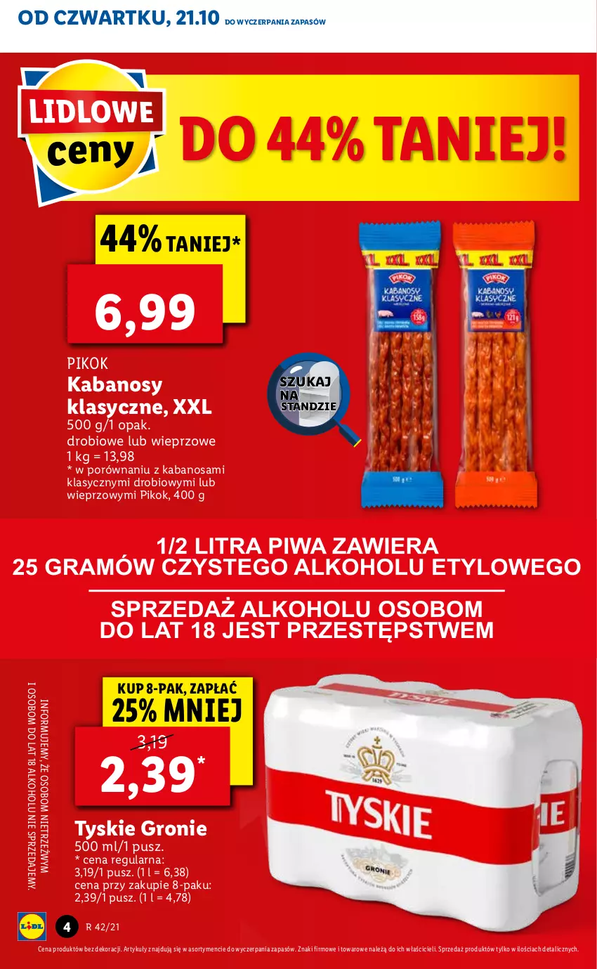 Gazetka promocyjna Lidl - GAZETKA - ważna 21.10 do 24.10.2021 - strona 4 - produkty: Kabanos, PIKOK, Por, Tyskie