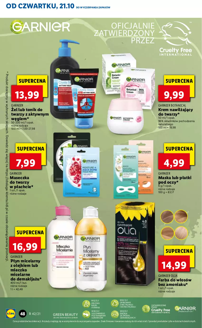 Gazetka promocyjna Lidl - GAZETKA - ważna 21.10 do 24.10.2021 - strona 48 - produkty: Fa, Farba do włosów, Garnier, Krem nawilżający, Makijaż, Maska, Mleczko, Olej, Tonik, Tonik do twarzy