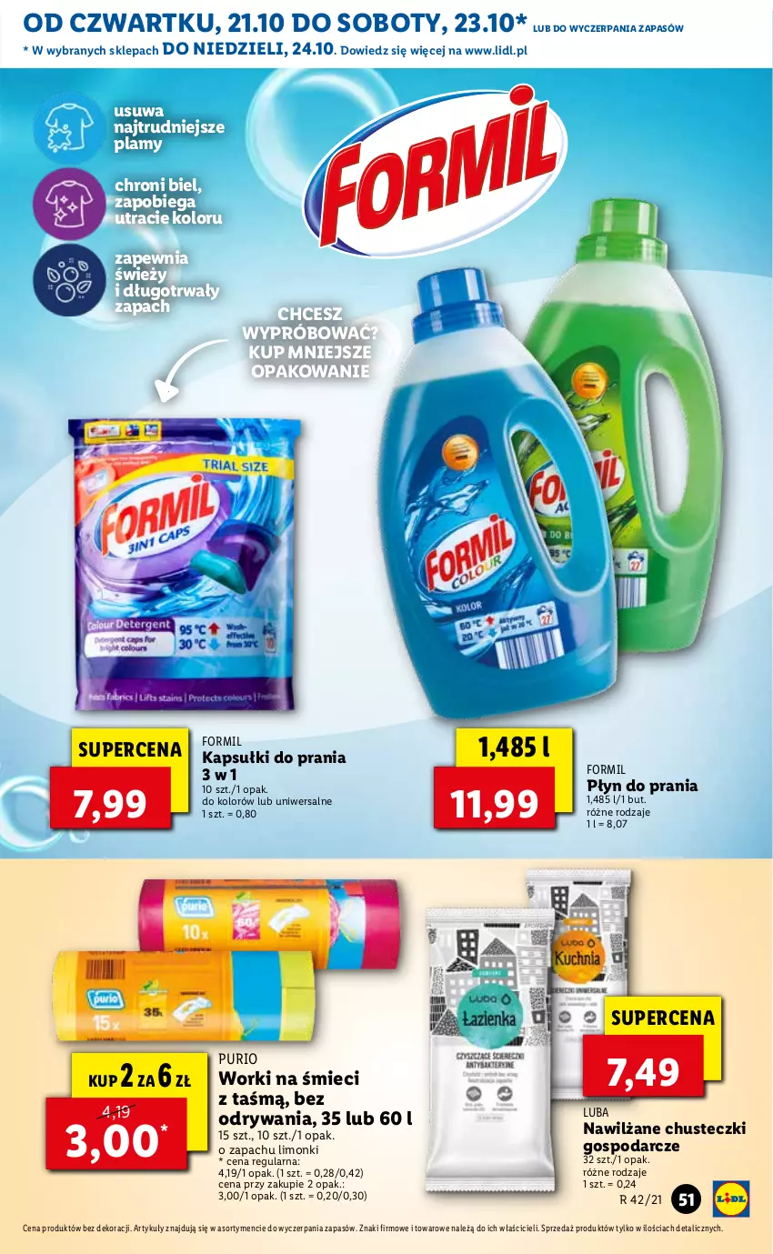 Gazetka promocyjna Lidl - GAZETKA - ważna 21.10 do 24.10.2021 - strona 51 - produkty: Chusteczki, Kapsułki do prania, Płyn do prania, Pur, Worki na śmiec, Worki na śmieci