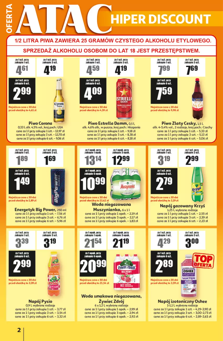 Gazetka promocyjna Auchan - Gazetka ATAC Hiper Discount by Auchan - ważna 26.06 do 16.07.2025 - strona 2 - produkty: Leon, Mus, Muszynianka, Napój, Napój gazowany, Napój izotoniczny, Oshee, Piwo, Woda, Woda niegazowana
